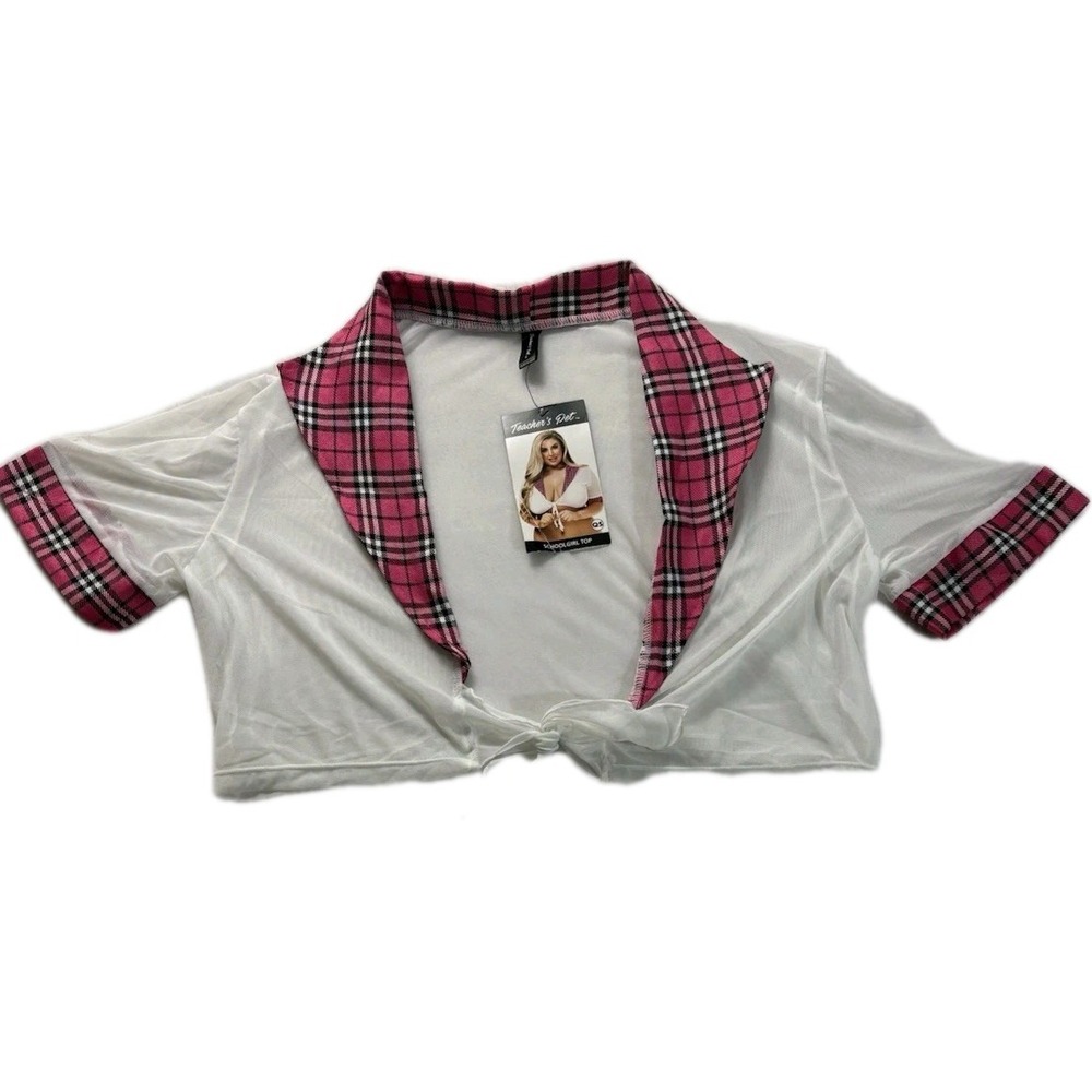 Schoolgirl Pink Plaid Sheer Mesh‎ Crop Top Tie Front Costume Queen Size NWT